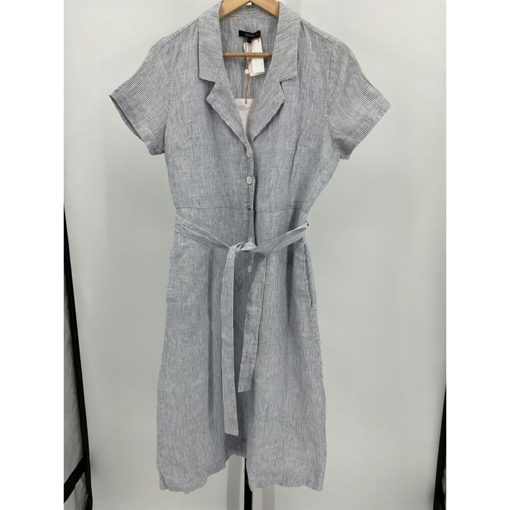 Quince 100% European Linen Button Front Dress Blue Pinstripe S